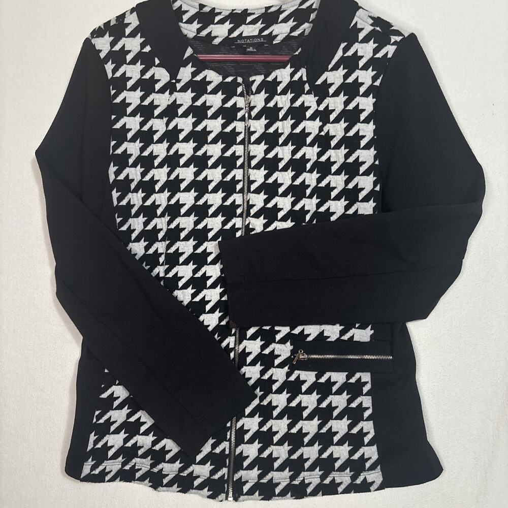 Notations Cardigan Women’s Size Med long Sleeve Black White Zip Pockets